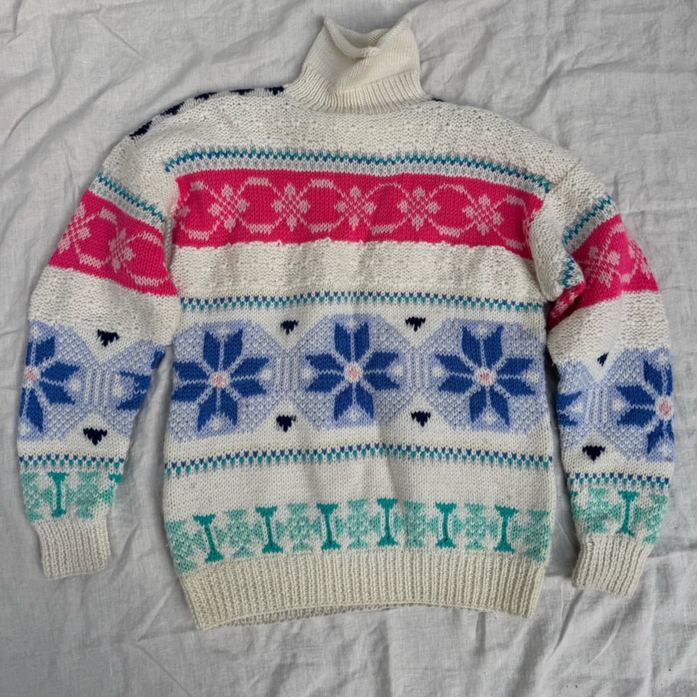 VINTAGE Obermeyer Medium Women’s Wool turtleneck sweater cream colorful knit OS - Picture 3 of 15